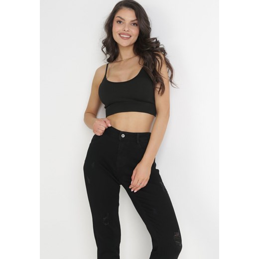Czarne Jeansy Mom Fit z Wysokim Stanem z Przetarciami Hannadais S Born2be Odzież promocyjna cena