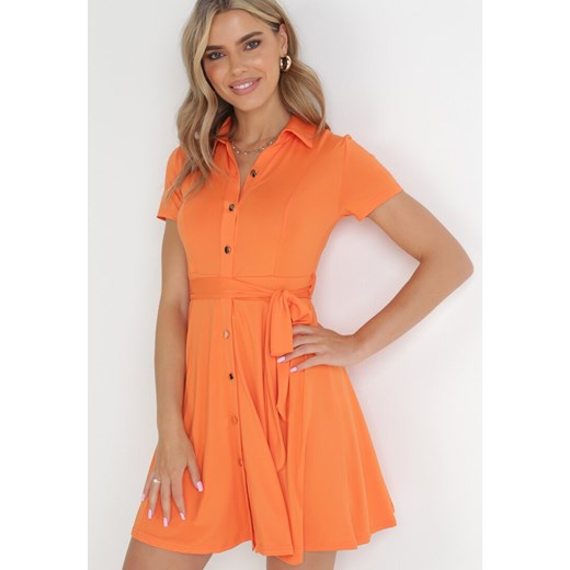 Pomarańczowa Koszulowa Sukienka Mini z Guzikami i Materiałowym Paskiem Idophira L okazja Born2be Odzież