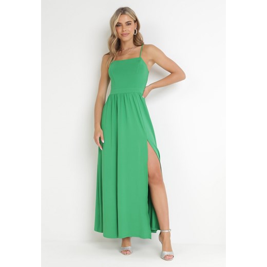 Zielona Sukienka Maxi na Ramiączkach z Rozcięciem na Dole i Kwadratowym Dekoltem Jacklyn ze sklepu Born2be Odzież w kategorii Sukienki - zdjęcie 155831896