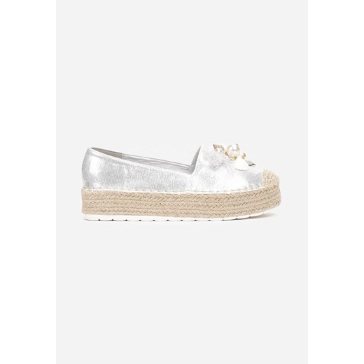 Srebrne Espadryle na Platformie ze Sznurkiem Jutowym i Ozdobą z Koralików Renee 40 promocja renee.pl
