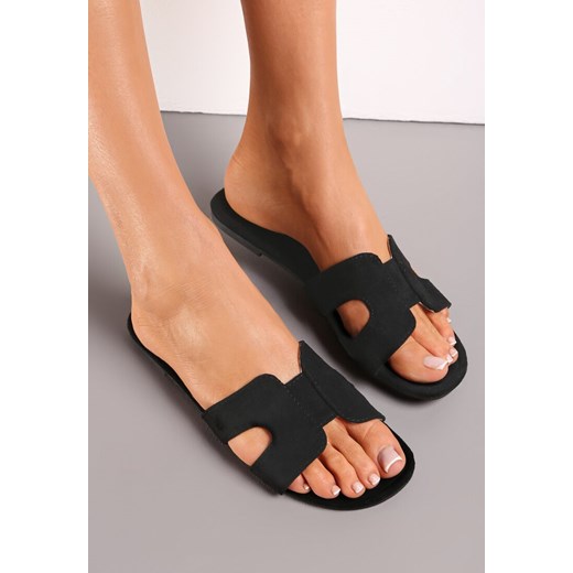 Czarne Klapki z Otwartym Noskiem z Szerokim Paskiem z Wycięciami Cadyla Renee 38 renee.pl okazja