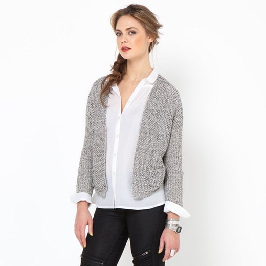 Krótki, rozpinany sweter z długim rękawem, włóczka wstążeczkowa la-redoute-pl szary akryl