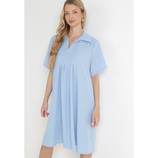 Niebieska Rozkloszowana Sukienka z Zakładkami i Kołnierzykiem Alisano ze sklepu Born2be Odzież w kategorii Sukienki - zdjęcie 155950985