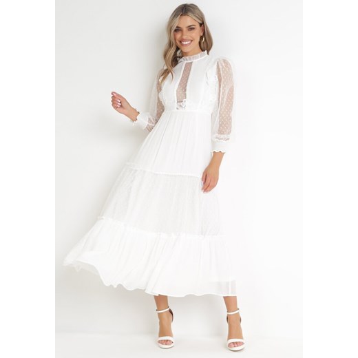 Biała Rozkloszowana Sukienka z Ozdobnymi Tiulowymi Wstawkami Revisa ze sklepu Born2be Odzież w kategorii Sukienki - zdjęcie 155990119