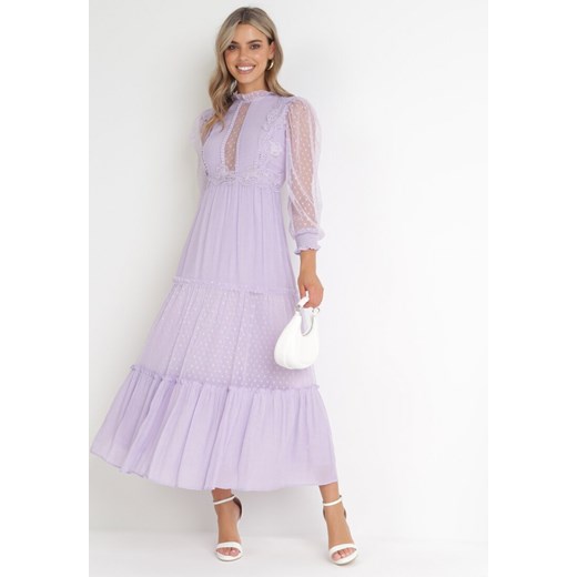 Sukienka Born2be fioletowa z tiulu casual maxi rozkloszowana