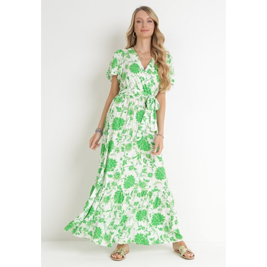 Zielona Sukienka Maxi z Gumką i Wiązaniem w Talii z Wiskozy Aspasia ze sklepu Born2be Odzież w kategorii Sukienki - zdjęcie 156022946