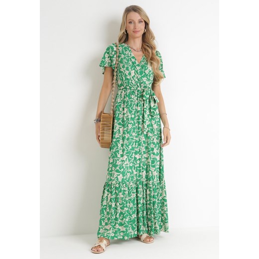 Zielona Sukienka Maxi z Gumką w Pasie w Kwiaty Aretocia ze sklepu Born2be Odzież w kategorii Sukienki - zdjęcie 156022956
