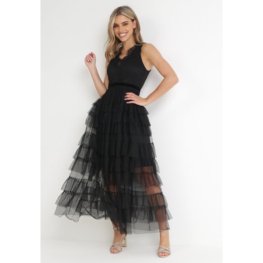 Czarna Sukienka Maxi z Tiulowym Dołem i Koronkową Górą Deliva ze sklepu Born2be Odzież w kategorii Sukienki - zdjęcie 156103359