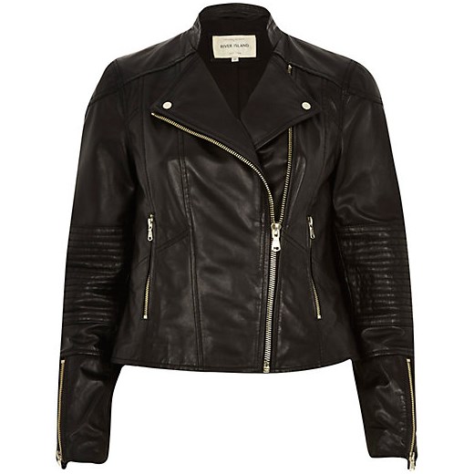 Black leather zip detail biker jacket river-island czarny kurtki