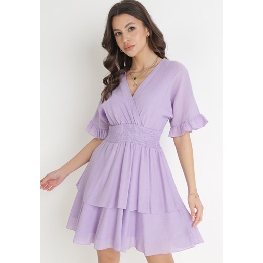 Fioletowa Sukienka Mini z Gumką w Pasie i Falbankami Edeane ze sklepu Born2be Odzież w kategorii Sukienki - zdjęcie 156187105