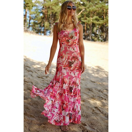 Długa letnia suknia na wiązanych ramiączkach M799/39, Kolor różowy-wzór, Rozmiar 36/38, Makadamia ze sklepu Primodo w kategorii Sukienki - zdjęcie 156197235
