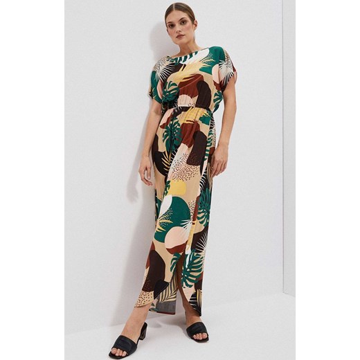 Wzorzysta sukienka maxi w tropikalny wzór 4010, Kolor beżowo-zielony, Rozmiar S, Moodo ze sklepu Primodo w kategorii Sukienki - zdjęcie 156197297