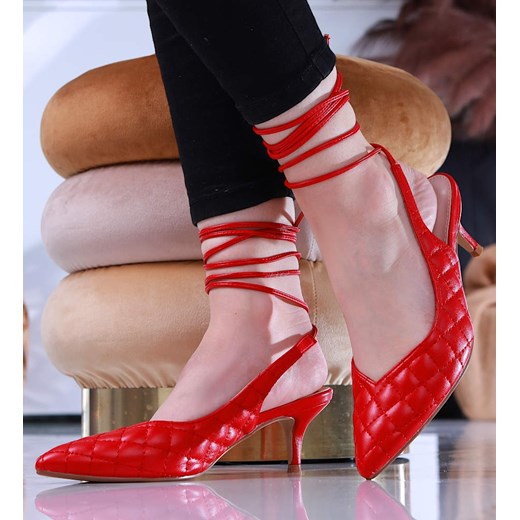 Pikowane czerwone buty wiązane na szpilce /A9-2 12203 T390/ ze sklepu Pantofelek24.pl w kategorii Czółenka - zdjęcie 156251807