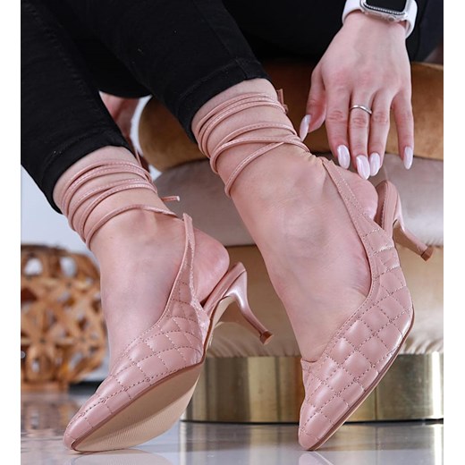 Pikowane beżowe buty wiązane na szpilce /G7-3 12205 T390/ ze sklepu Pantofelek24.pl w kategorii Czółenka - zdjęcie 156251827