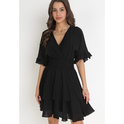 Czarna Sukienka Mini z Gumką w Pasie i Falbankami Edeane ze sklepu Born2be Odzież w kategorii Sukienki - zdjęcie 156252066