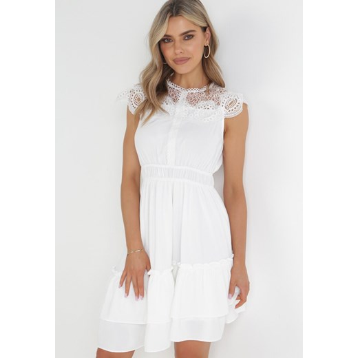 Biała Koronkowa Sukienka Mini z Gumką w Pasie i Falbanką Difro ze sklepu Born2be Odzież w kategorii Sukienki - zdjęcie 156273009