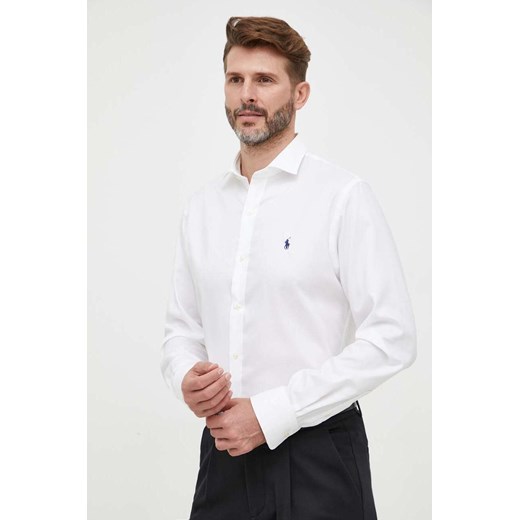 Polo Ralph Lauren koszula bawełniana męska kolor biały slim z kołnierzykiem włoskim ze sklepu ANSWEAR.com w kategorii Koszule męskie - zdjęcie 156289557