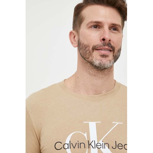 Calvin Klein Jeans t-shirt bawełniany kolor beżowy z nadrukiem S ANSWEAR.com