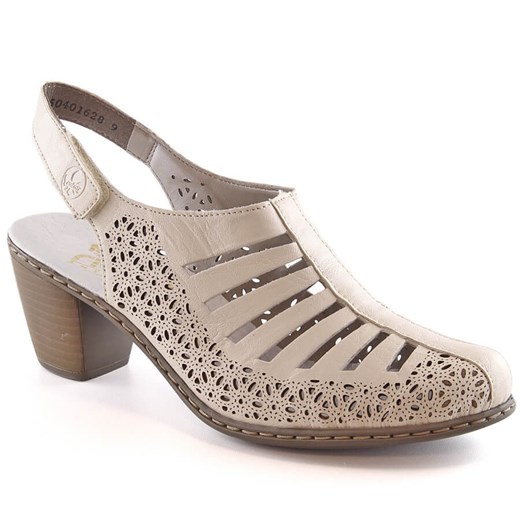 Skórzane sandały damskie na obcasie beżowe Rieker 40959-60 beżowy ze sklepu ButyModne.pl w kategorii Sandały damskie - zdjęcie 156294525