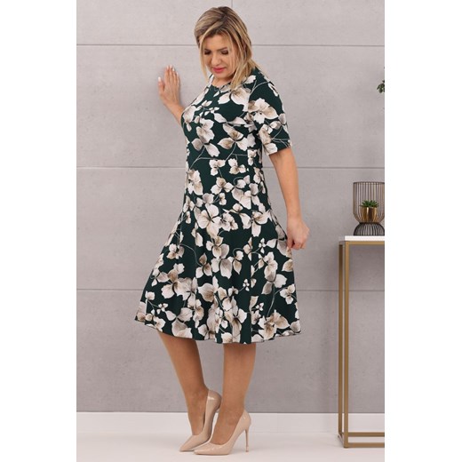 Kobieca wizytowa sukienka midi zielona w kwiaty - 48 Femimoda 42 femimoda.pl