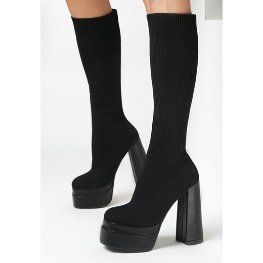 Kozaki damskie Born2be eleganckie z cholewką przed kolano czarne z zamkiem z tkaniny 