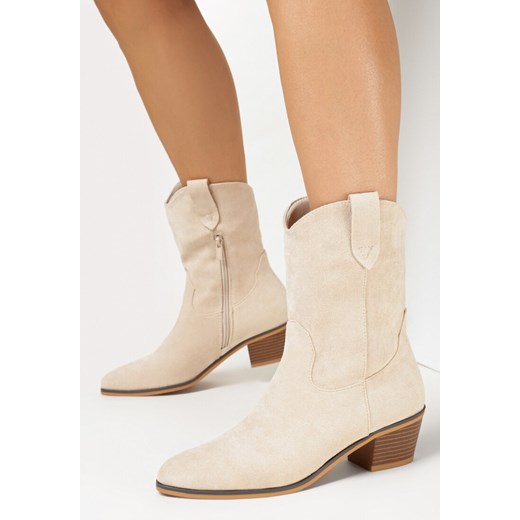 Botki beżowe Born2be jesienne na zamek zamszowe