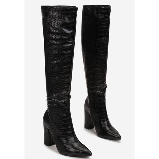 Kozaki damskie Born2be czarne na zamek ze skóry na obcasie z cholewką przed kolano