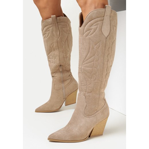 Ciemnobeżowe Kozaki Kowbojki z Haftem na Stożkowym Obcasie Hyman 38 wyprzedaż born2be.pl