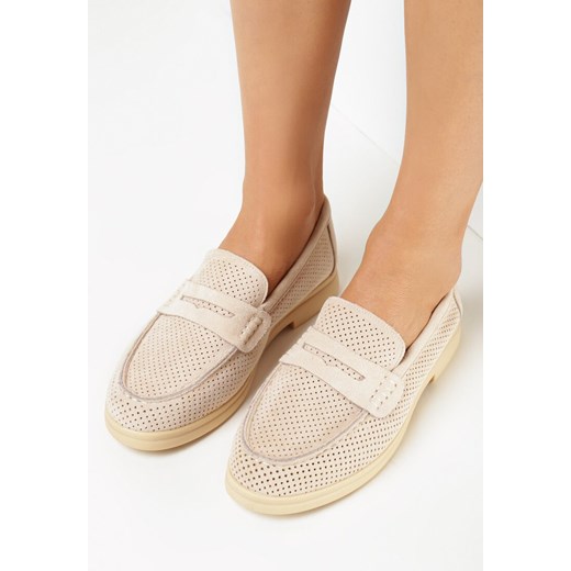 Beżowe Mokasyny z Perforacją i Ozdobną Wstawką Tyssi 39 promocyjna cena born2be.pl