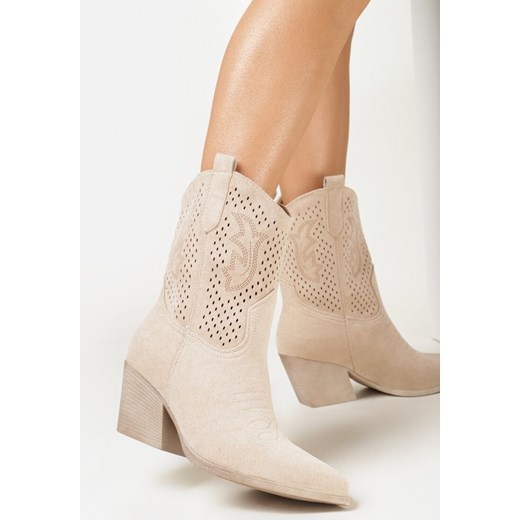 Beżowe Botki Kowbojki z Ażurową Cholewką Losios 39 born2be.pl wyprzedaż