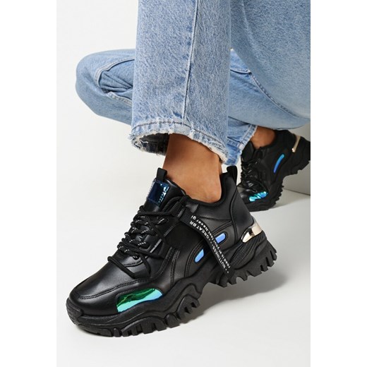 Czarne Sneakersy na Grubej Podeszwie z Bieżnikiem i Modnymi Wstawkami Evin 37 wyprzedaż born2be.pl