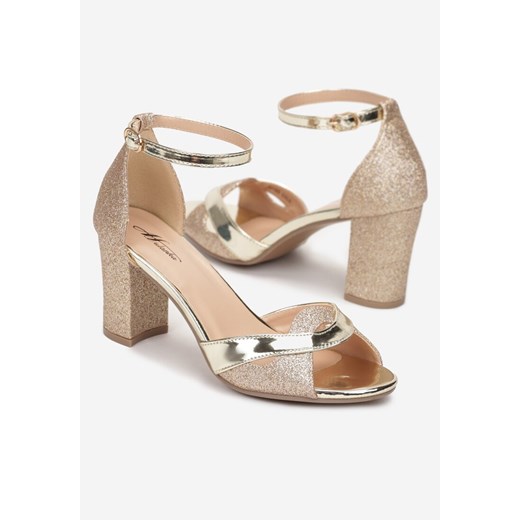 Złote Brokatowe Sandały na Słupku ze Ozdobnym Paskiem i Sprzączką Diatine 38 okazja born2be.pl