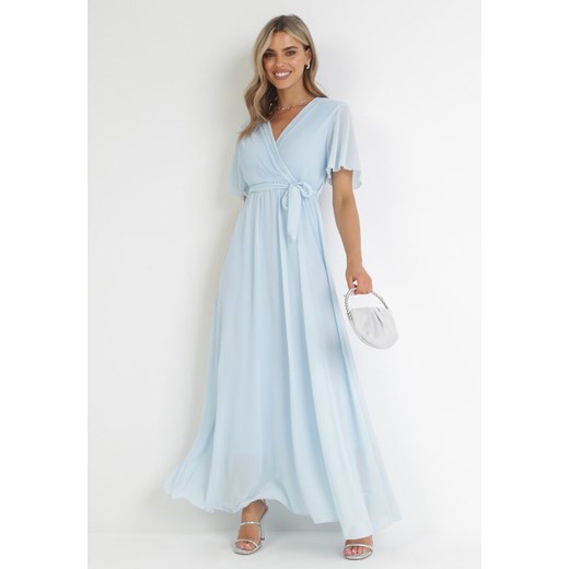 Niebieska Kopertowa Sukienka z Gumką w Pasie i Plisowaną Górą Davitri ze sklepu Born2be Odzież w kategorii Sukienki - zdjęcie 156821757