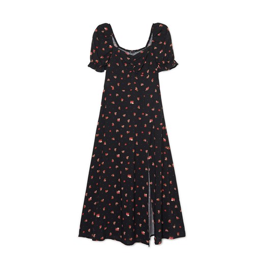 Cropp - Czarna sukienka midi w kwiaty - czarny ze sklepu Cropp w kategorii Sukienki - zdjęcie 156855817