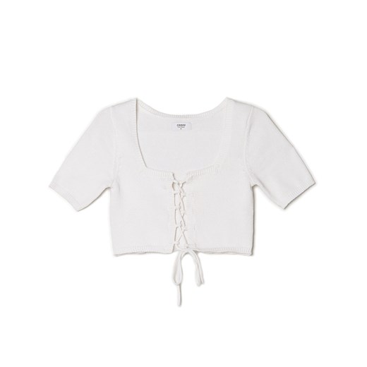 Cropp - Biała swetrowa bluzka z wiązaniem - biały ze sklepu Cropp w kategorii Bluzki damskie - zdjęcie 156856056