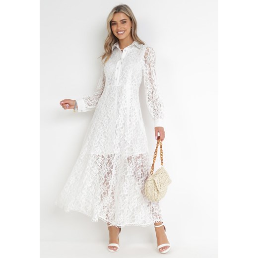 Biała Koronkowa Sukienka Maxi z Ozdobnym Kołnierzem z Cyrkoniami Abena ze sklepu Born2be Odzież w kategorii Sukienki - zdjęcie 156880517