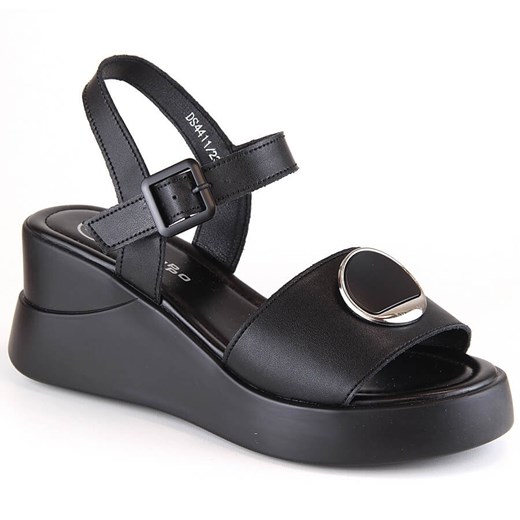 Skórzane sandały damskie na koturnie czarne Filippo DS4411 ze sklepu ButyModne.pl w kategorii Sandały damskie - zdjęcie 156893227