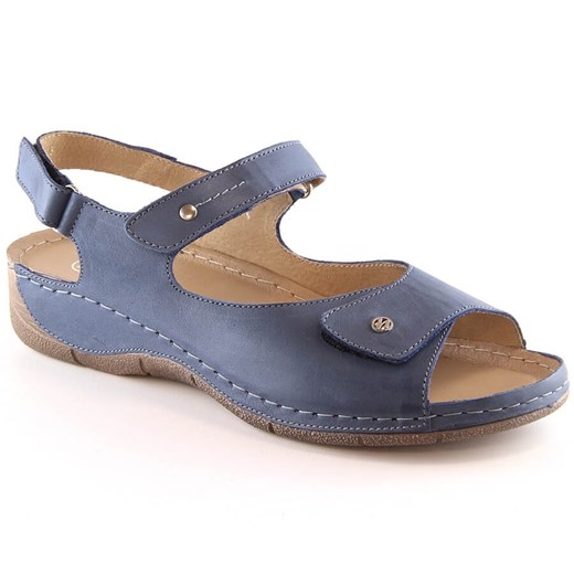 Skórzane komfortowe sandały damskie na rzepy granatowe Helios 266-2 niebieskie ze sklepu ButyModne.pl w kategorii Sandały damskie - zdjęcie 156907509