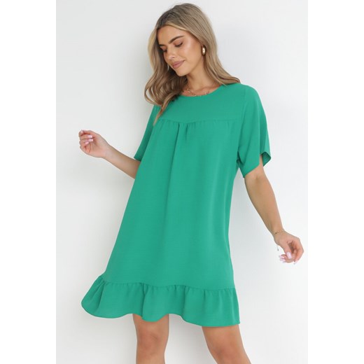 Zielona Sukienka Mini z Rozkloszowanym Dołem i Falbanką Neothea M/L okazja Born2be Odzież