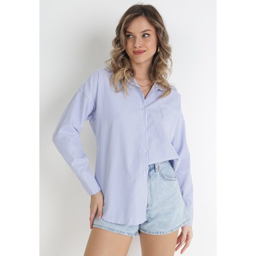 Niebieska Koszula w Paski z Przedłużonym Tyłem i Kieszonką Kathrya ze sklepu Born2be Odzież w kategorii Koszule damskie - zdjęcie 157025247