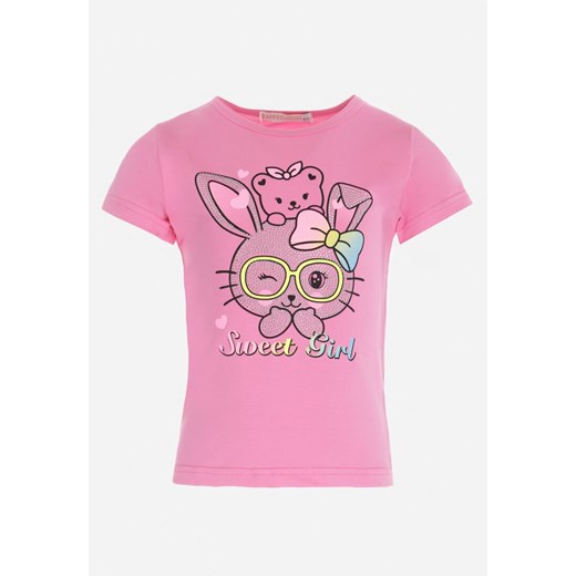 Fuksjowa Koszulka z Kolorowym Nadrukiem Króliczka i Cyrkoniami Qlani ze sklepu Born2be Odzież w kategorii Bluzki dziewczęce - zdjęcie 157033449