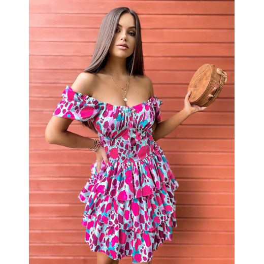 letnia sukienka greta z printem i falbankami mielczarkowski polski produkt -  różowy mix ze sklepu STYLOWO w kategorii Sukienki - zdjęcie 157048098