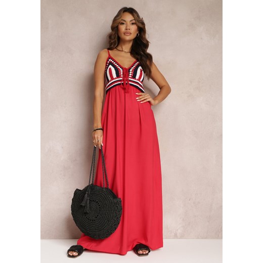 Czerwona Bawełniana Sukienka Maxi z Szydełkową Górą i Gumkami na Plecach Jennesia ze sklepu Renee odzież w kategorii Sukienki - zdjęcie 157053386