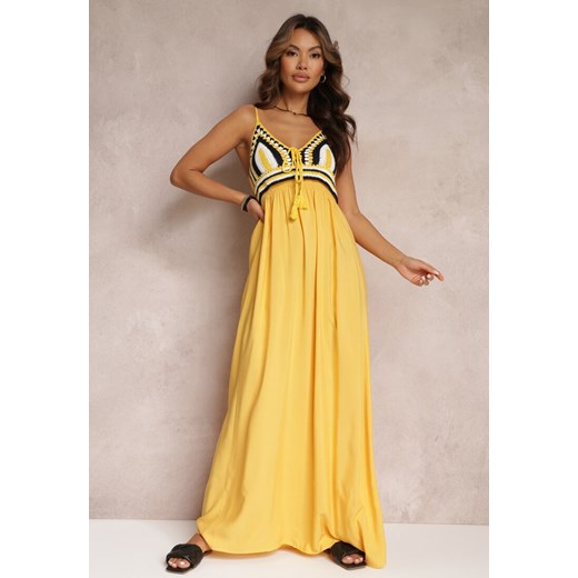 Żółta Bawełniana Sukienka Maxi z Szydełkową Górą i Gumkami na Plecach Jennesia ze sklepu Renee odzież w kategorii Sukienki - zdjęcie 157053396