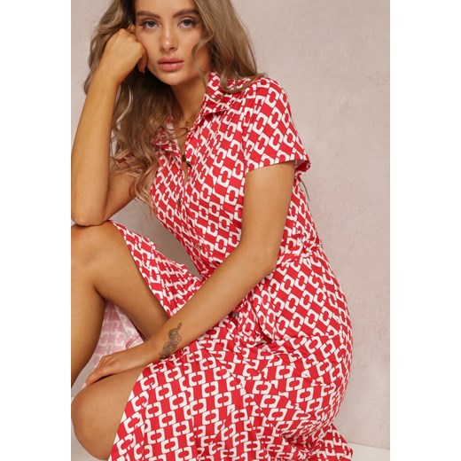 Czerwona sukienka Renee z kołnierzykiem z krótkim rękawem midi trapezowa w geometryczne wzory casual