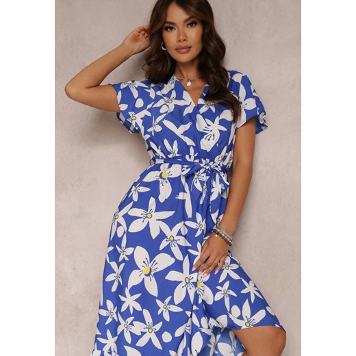 Sukienka Renee maxi niebieska w kwiaty w serek