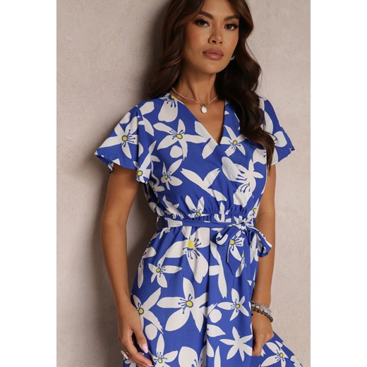 Sukienka Renee casual w kwiaty w serek z krótkimi rękawami kopertowa