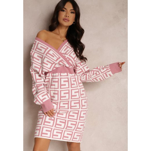 Różowa Sukienka Wełniana w Geometryczny Wzór Hamu ze sklepu Renee odzież w kategorii Sukienki - zdjęcie 157077566