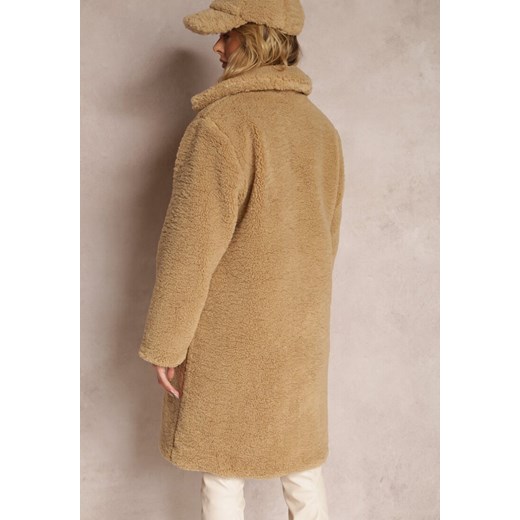 Beżowy Płaszcz Oversize z Pluszowego Futerka z Czapką Jillo Renee 2XL okazyjna cena Renee odzież