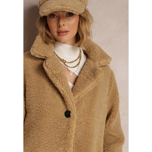 Beżowy Płaszcz Oversize z Pluszowego Futerka z Czapką Jillo Renee 2XL okazja Renee odzież